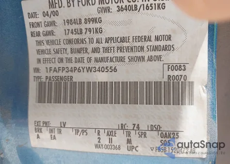 2000 Ford Focus Se from USA, damaged, VIN 1FAFP34P6YW340556